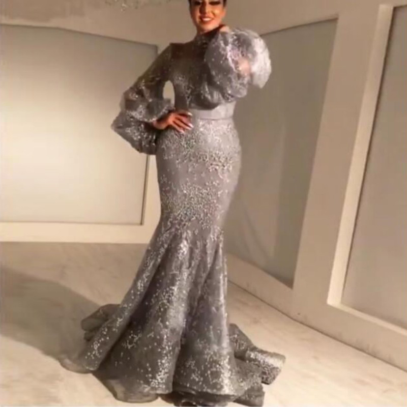 

2018 Dove Gray Celebrity Party Dresses Glamorous Saudi Arabia Long Sleeves Mermaid Prom Dresses Sexy Dubai Full Lace Applique Evening Gowns, Blue