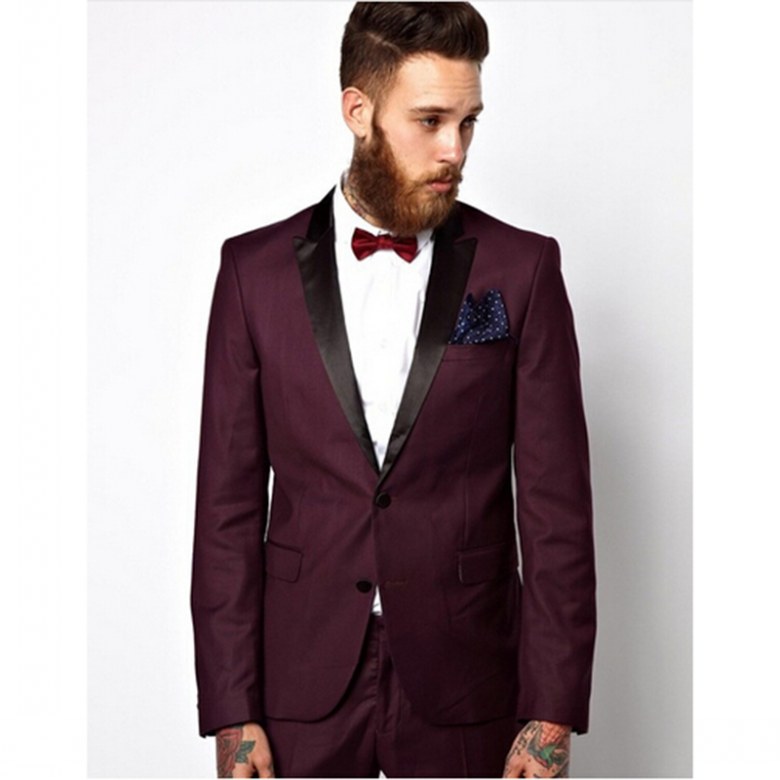

New Arrivals Two Button Burgundy Groom Tuxedos Peak Lapel Groomsmen Best Man Blazer Mens Wedding Suits (Jacket+Pants+Tie) D:106, Same as image