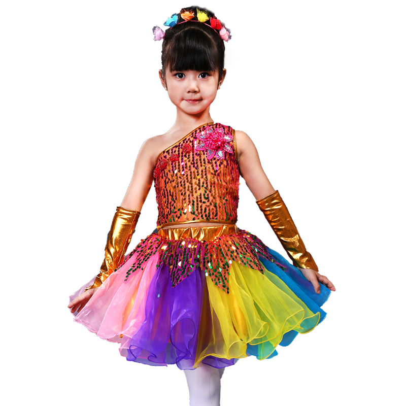 MSemis Kids Girls Shiny Sequins One-Shoulder Ballet Tutu Dress Jazz Modern Dance Stage Performance Costumes
