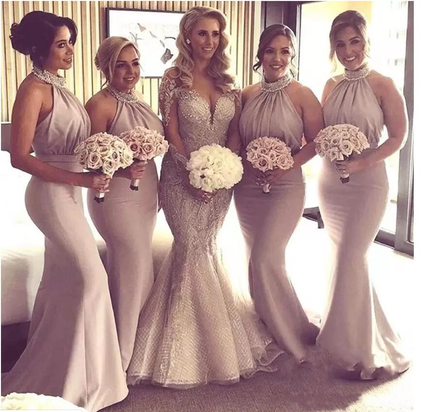 

Sexy Mermaid Long Bridesmaid Dresses 2019 Halter Neck Sleeveless Floor-Length Plus Size Long African Evening Gowns Custom Made BM0201