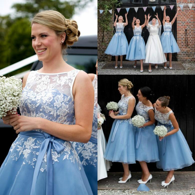 

Sexy Baby Blue Tea length Country Organza Bridesmaid Dresses Lace Open Back Short Formal Prom Gown Satin Sash Cheap wedding guest dress 2018
