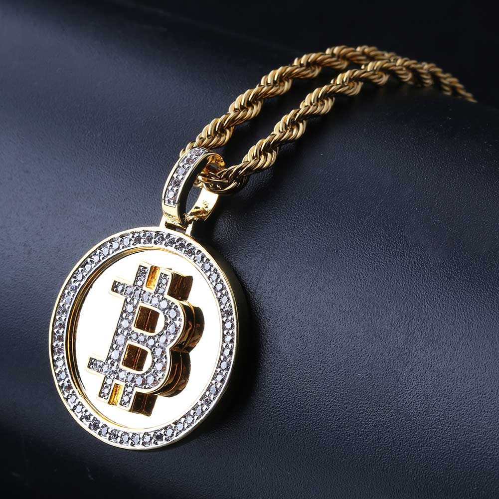 

Hip Hop Iced Out Gold Color Plated Bitcoin Pendant Necklace Micro Pave Zircon With 60cm Rope Chain