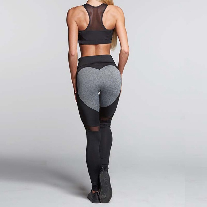 

Hayoha Fashion Heart Pattern Mesh Splice Leggings Athleisure Fitness Clothing Slim Elastic Leggings Women Pants, Black and gray