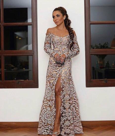 

Off Shoulder Mermaid Prom Dresses Appliques Arab Dubai Split Long Sleeve Evening Gowns Floor Length Formal Lace Party Dress With Beads, Same as picture