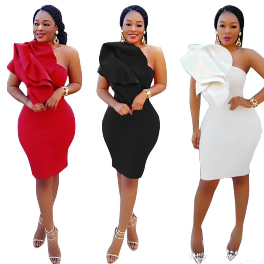 

2018 One Shoulder White/Black/Red African Women Party Cocktail Dresses Knee Length Ruffle Cheap Short Formal Evening Gown, Hunter