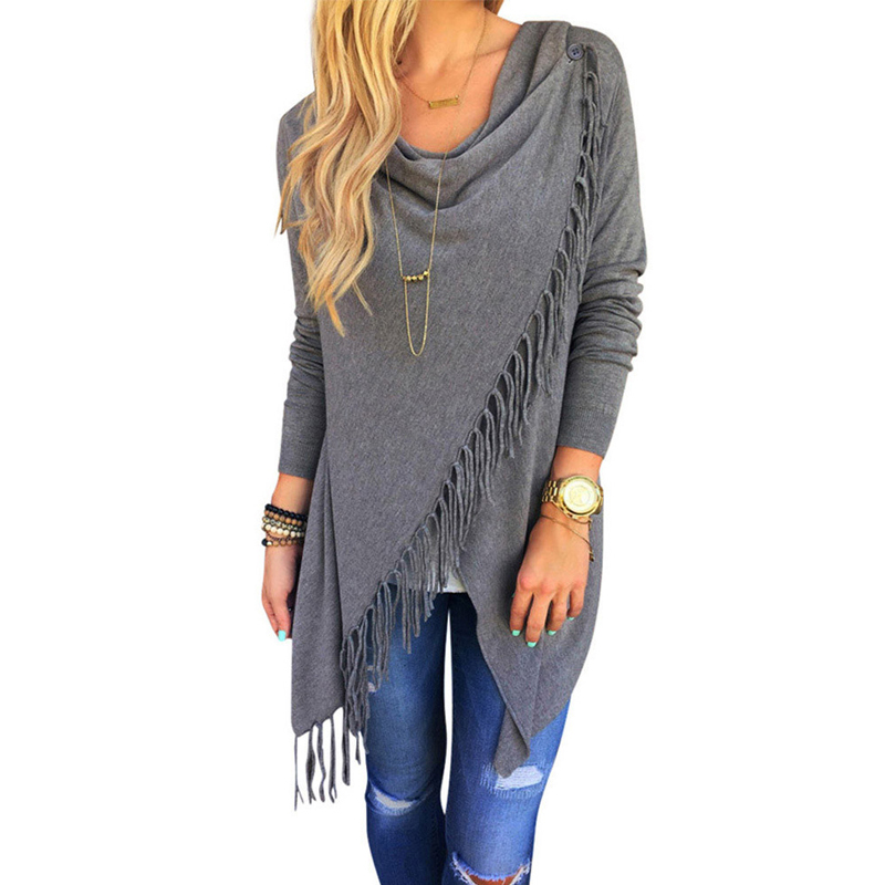 

2017 Fashion Women Sweater Tassel Slash Irregular Long Sleeve Loose Cloak Pullover Tops Female Shirt Coat Blusas 3XL pull femme, Gray