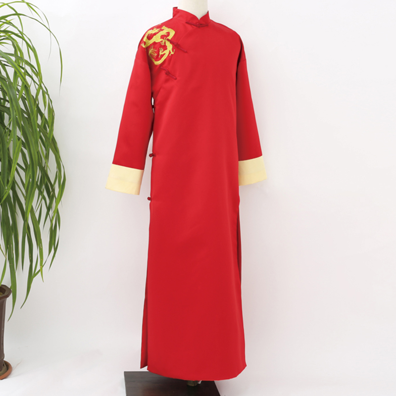

Chinese style marriage embroidered clothes vintage gown robe Male Long Gown Embroidered Dragon Men Red Black Traditional Robe
