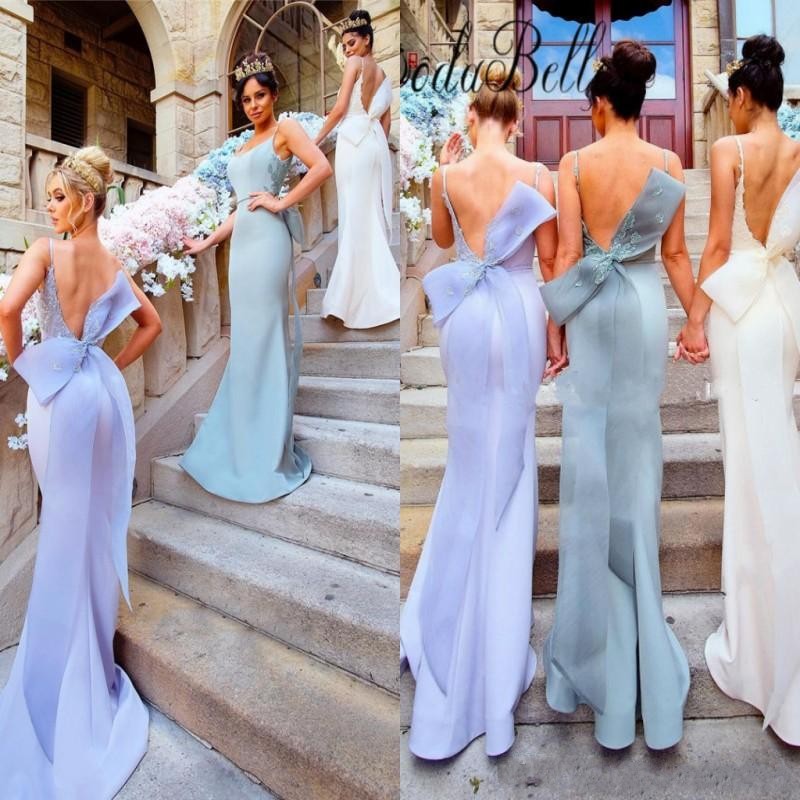 

2018 Mermaid Long Bridesmaid Dresses Sexy Backless Spaghetti Straps Backless Big Bow Sash Prom Wedding Guest Dresses Maid Of Honor Dress