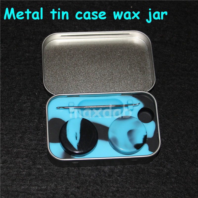 

Silicon Kit Set With 1pcs Tin box 2pcs 5ml Silicone Dab Containers For Wax Dabs jars And Silver Dabber Tool, Various colors