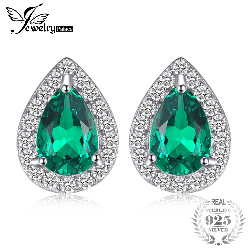 JewelryPalace 0.85ct Created Emerald Stud Earrings Charm 925 Sterling Silver Fine Jewelry 2018 Fashion Pear Earrings For Women
