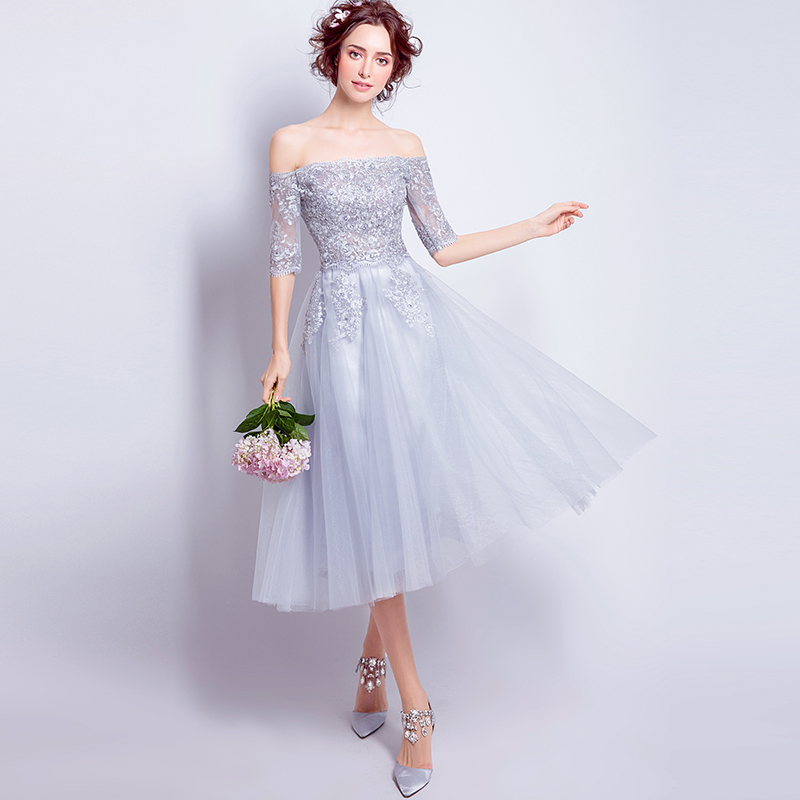 

Fairy Bridesmaid Dresses Light Gray Soft Tulle with Applique Strapless Zipper Back Tea Length Summer Wedding Party Dresses Cheap
