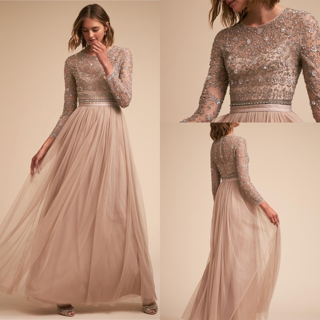 

Bling Sequined Boat Neck Prom Party Dresses Sexy Zipper Long Sleeves Evening Dresses Gowns Beach Bridesmaid Holiday, Pink