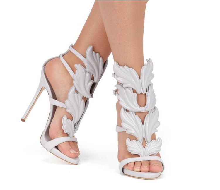 

2018 Designer Flame metal leaf Wing High Heel Sandals Gold Nude Black Party Events Shoes Size 35 to 40