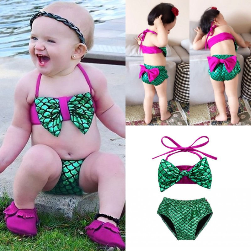 

Girls Mermaid Swimsuits kids Bikini Set Clothes Bow Tops Shorts bottoms Swimwear Swimsuit Costumes girl beach swimsuit, As pic