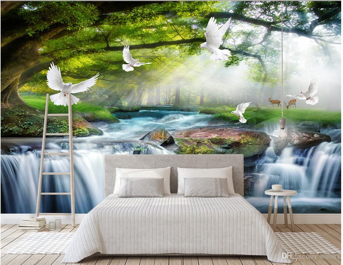 

3d wallpaper custom photo Simple and leisure green tree forest waterfall landscape dove background wall 3 d