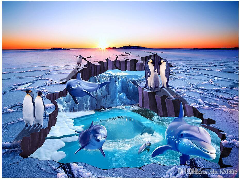 

3d pvc flooring custom photo Waterproof floor wall sticker Ice glacier dolphin penguin living room 3d wall murals wallpaper for walls 3 d, Pictures show