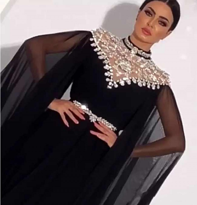 

High Neck Crystal Chiffon Black Evening Dresses Long Sleeves Pleats Floor Length Saudi Arabic Dubai Formal Dresses Evening Gowns, Hunter