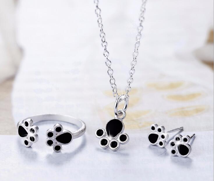 2018 nouvelles dames femmes 925 collier en argent sterling / boucles d'oreilles / bague mignon chat griffe ensemble de bijoux