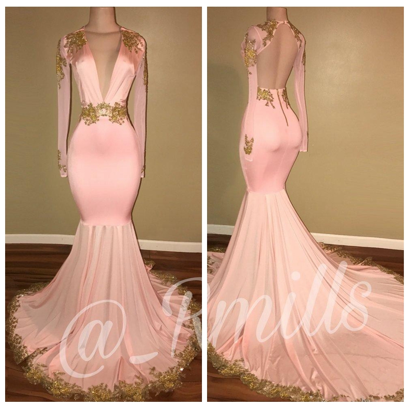 

2018 Deep V-Neck Slim Pink Prom Dresses Mermaid Sexy Sheer Long Sleeves Gold Appliques Backless Sweep Train Evening Party Gowns, White