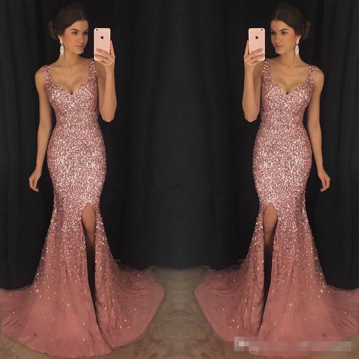 

2019 Long Prom Dresses Mermaid Sleeveless Formal Evening Dresses Side Split Mermaid Crystals Pageant Party Gowns, Yellow