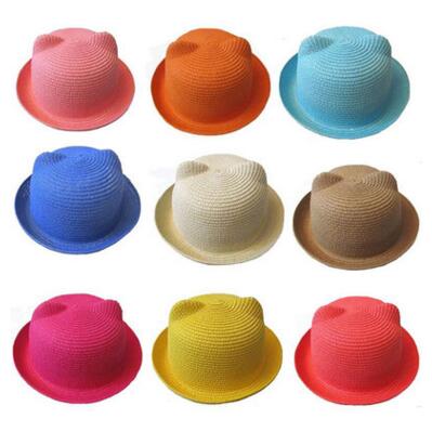 

Baby Straw Hat Summer Kids Cat Ear Hats Lovely Beach Cap Children Character Girls Boys Solid Sun Hat Women Men Stingy Brim Hats, As pics