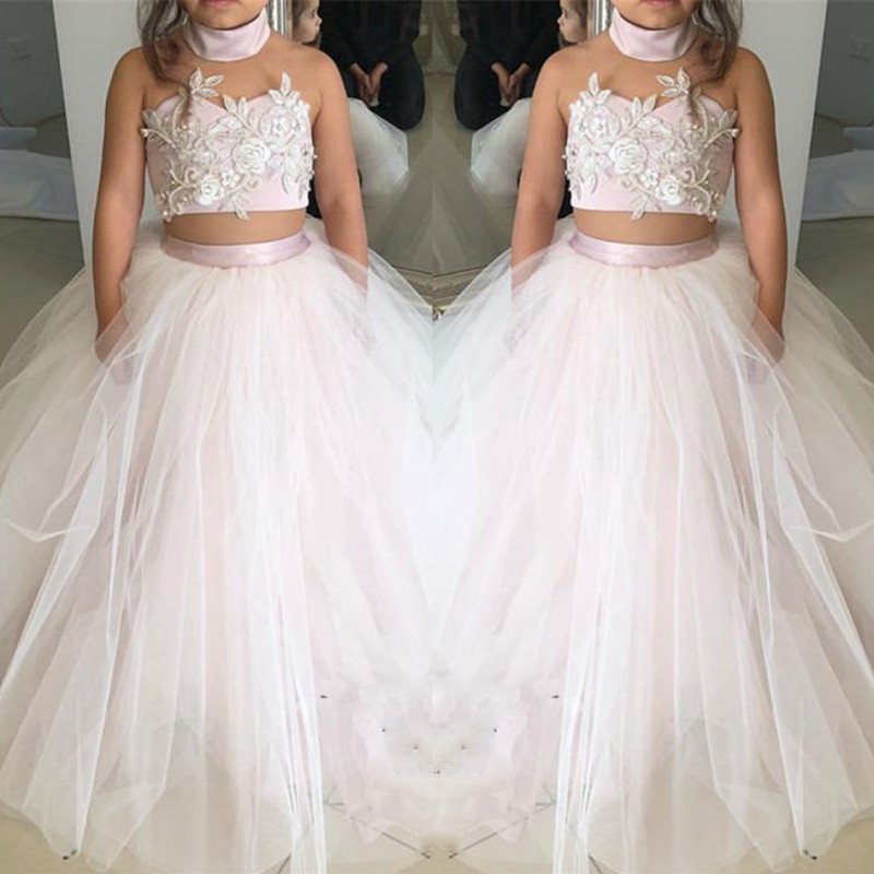 

Cute Two Pieces Flower Girls Dresses Children Pink And White Tulle Girls Pageant Dress Cheap First Communion Dress Kids Formal Wear Gown, Orange