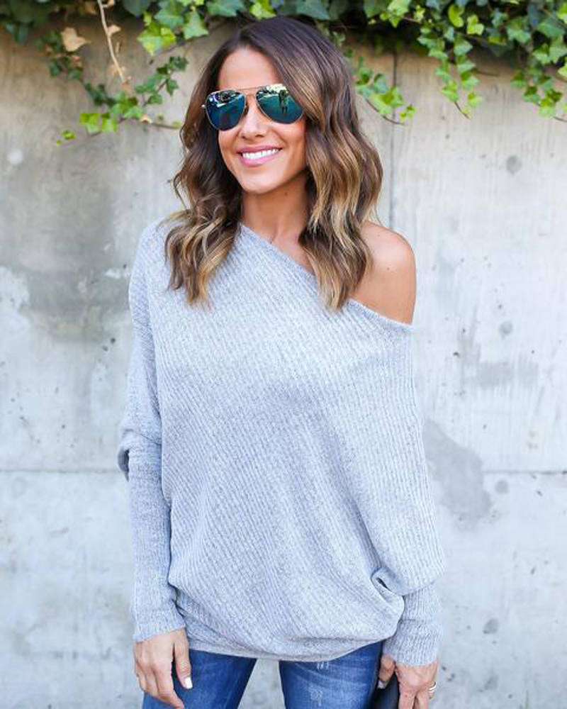 

Off The Shoulder Sweater Womens 2017 New Fashion Sexy Knitted Pullovers Female Tops, Khaki