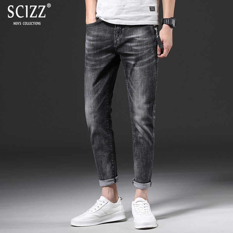 

2018 Summer Dark grey Distressed Men Jeans Nine Stretch Jeans Slim Fit Denim Pants Men Zipper Fashion