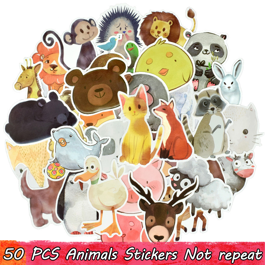 

50 PCS Cute Animal Stickers Toys for Kids Teens Watercolor Decals for DIY Laptop Tablet Luggage Snowboard Skateboard Guitar Water Bottle Car