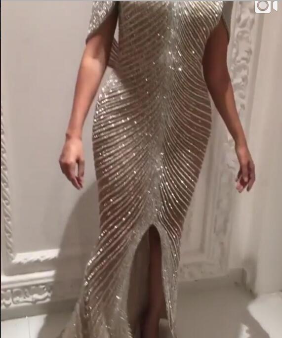 

Evening dress Yousef aljasmi Kim kardashian Dolman sleeve O-Neck Crystal Mermaid Split Almoda gianninaazar ZuhLair murad Ziadnakad, Same with picture
