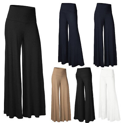 

New Womens Ladies Plus Size Plain Palazzo Wide Leg Flared Trousers Legging Pants, White