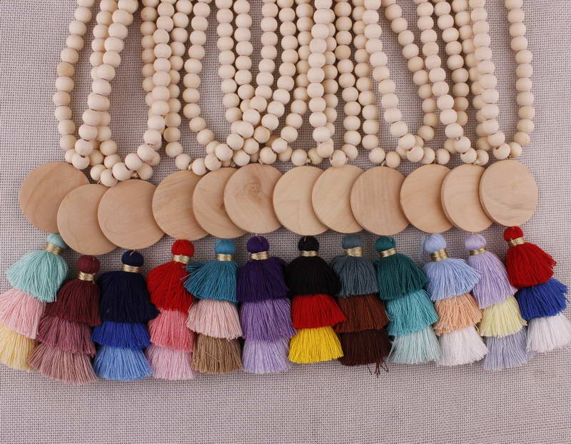 

Christmas Gift Wooden Disc Monogram Blanks 10mm Round Natural Wood Beaded Chain Cotton 3 Layered Tassel Pendant Long Chain Tassel Necklace, Silver