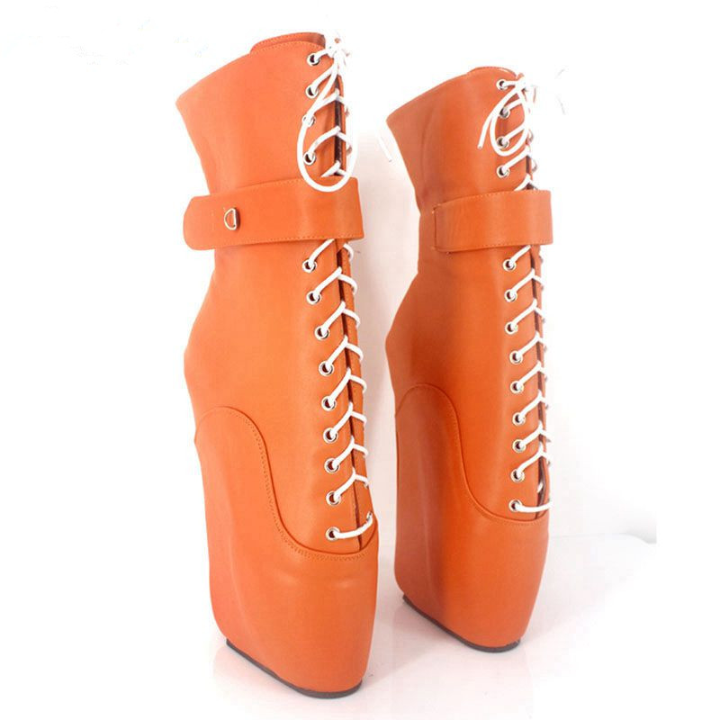

2018 Woman Boots 18CM Ultra High Heel Strange Wedge Ballet Boots Fashion Sexy Fetish Cross-tied Ankle Boots With Padlocks Locks, Peach shiny