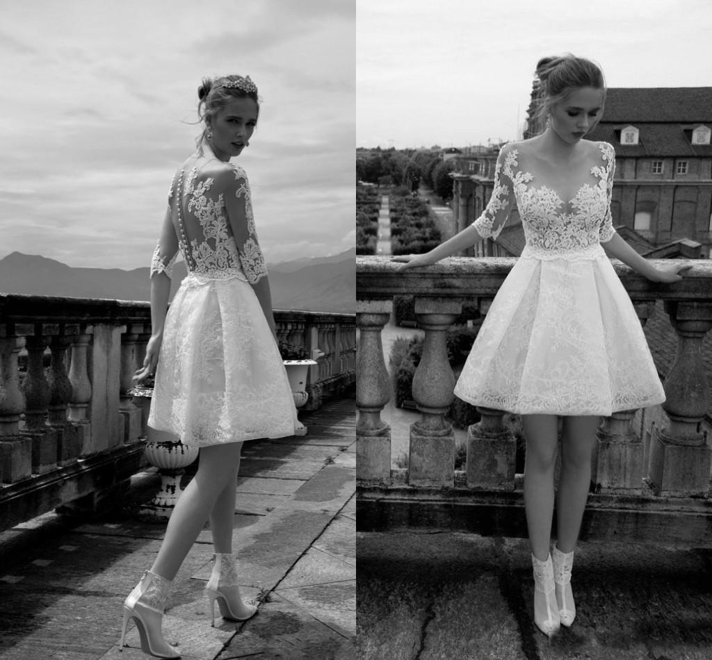 

Vintage Ivory Applique Lace Short Wedding Dresses 2018 Modest Sheer Half Sleeves Cheap A Line Bridal Party Gown Illusion Button Back, Same as image