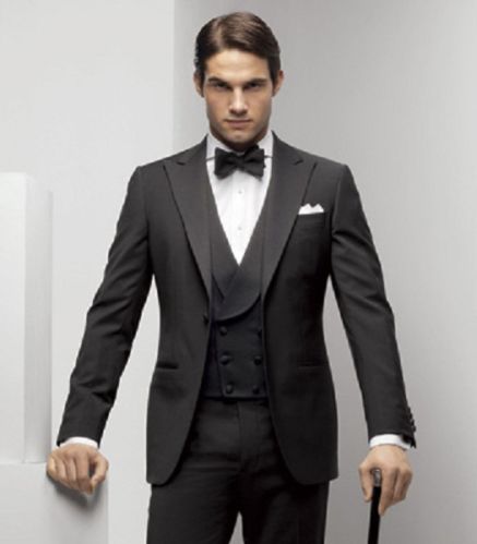 One Button Black Peak Lapel Wedding Men Suits Three Piece Groom Tuxedos Slim Fit Men Party Suit Groomsmen Suits (Jacket+Pants+Vest+Tie) J849