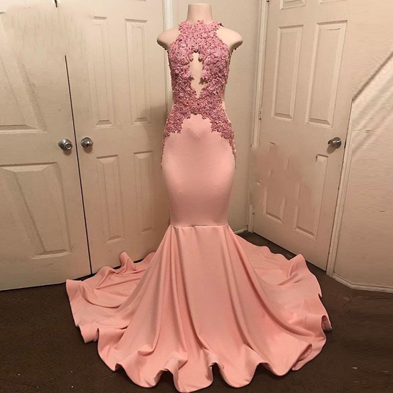 Abiye pêche-rose sirène robes de bal licou cou sans manches Robe De soirée robe de soirée dentelle Appliques longue robe de bal 2018 robe formell