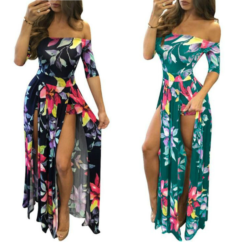 

Women beach Summer Long Maxi Dresses Women Floral Print Dress Ankle-Length High Slit Bohemian Dress Backless Sexy Dress Female Big Size 5XL, Black;gray