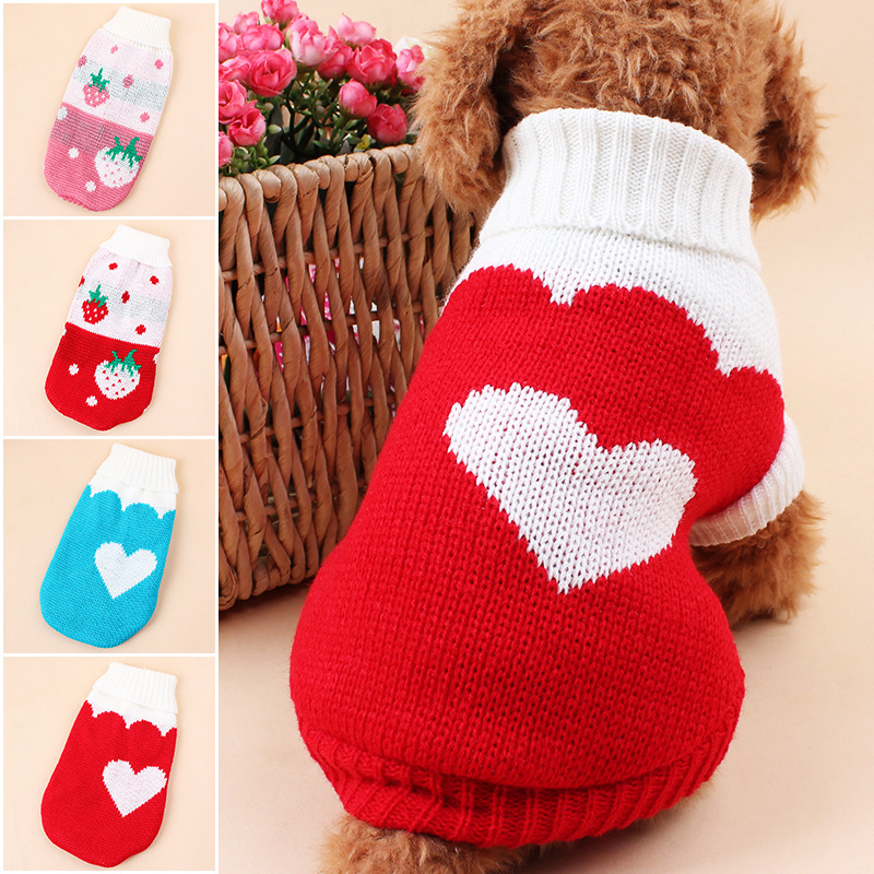 

Dog Strawberry Clothes Pet Winter Woolen Sweater Knitwear Puppy Clothing Warm Love Heart High Collar Coat