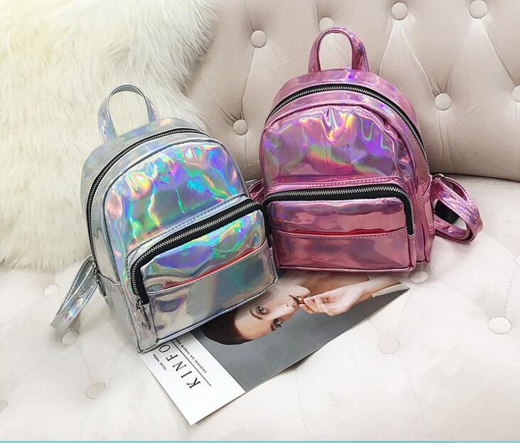 

2018 new Hologram Laser Backpack Girl School Bag Girl Rainbow Colorful Metallic Silver Laser Holographic Backpack, As pic