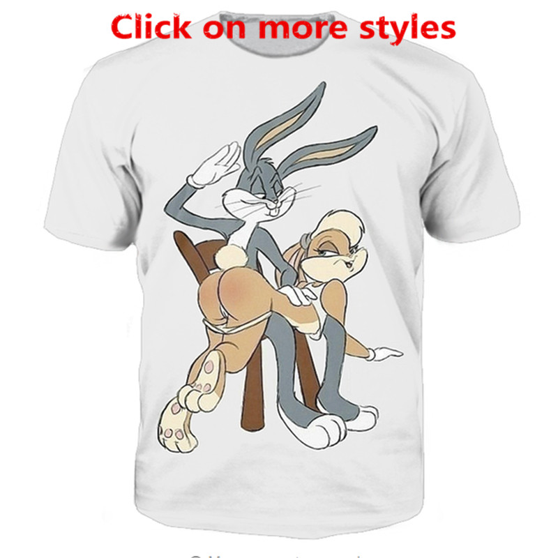 

New Fashion Couples Men Women Unisex Cartoon Bugs Bunny Lola Bunny Spanking Funny 3D Print No Cap Casual tshirt T-Shirts Tee Top, Silver
