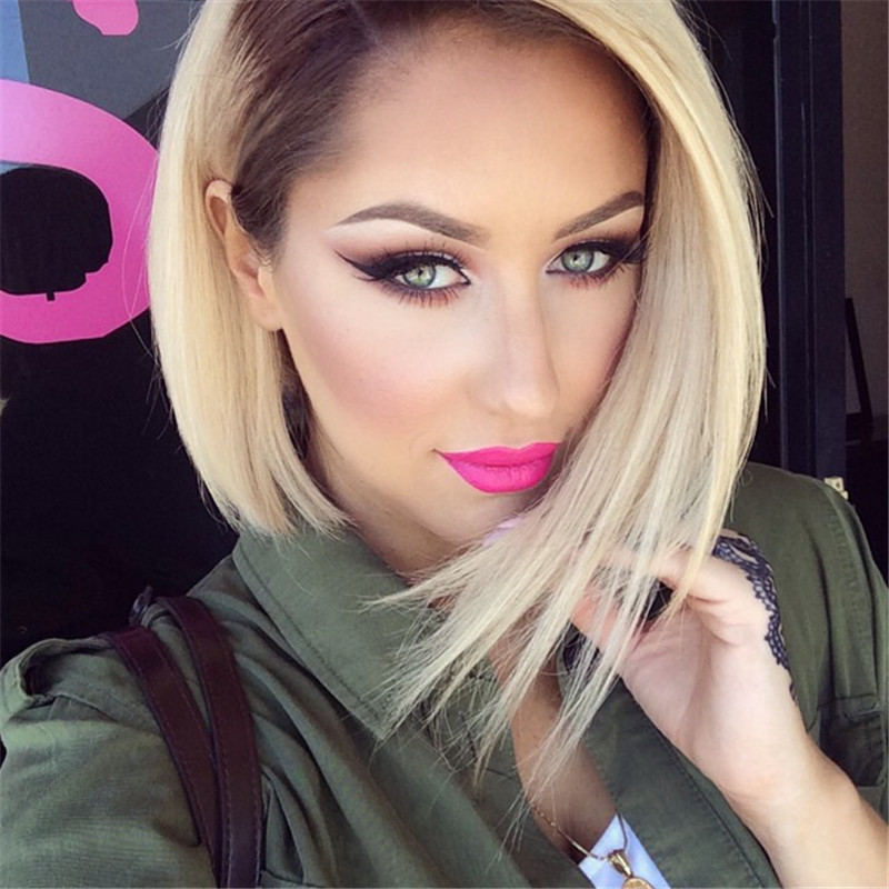 

Fashion brown roots ombre blonde color wig Heat Resistant Hair short bob Synthetic Lace Front Party Wig for women, Black