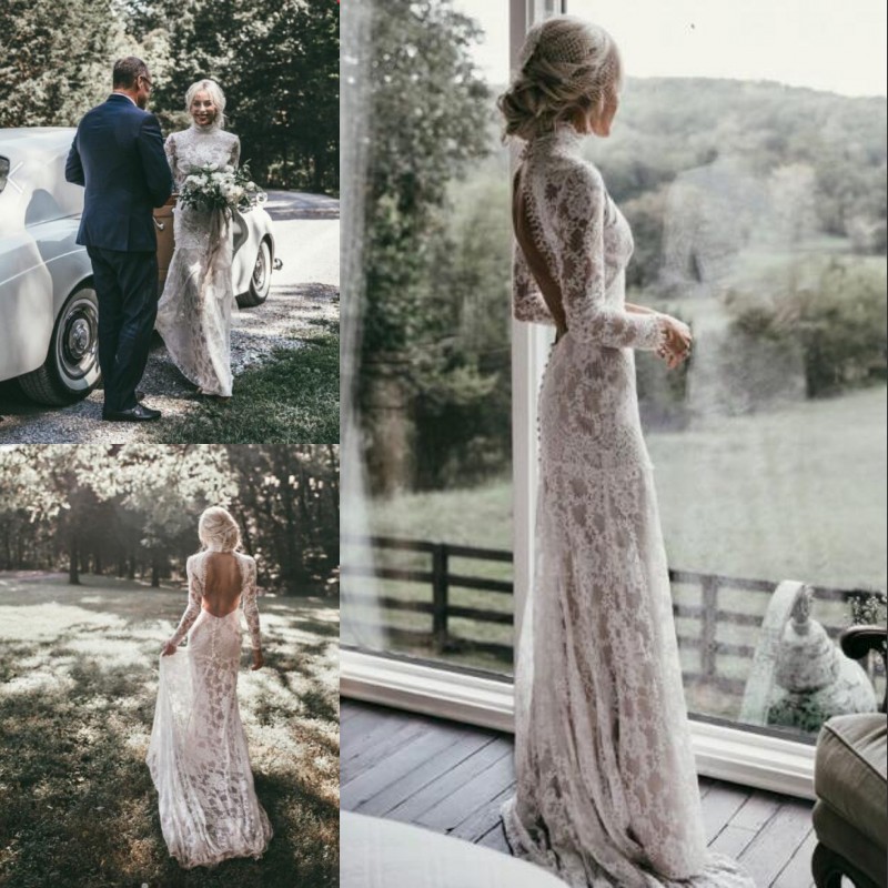 Boho Sirène Robes De Mariée En Dentelle Col Haut Manches Longues Chic Robe De Mariée Dos Nu 2018 Plus La Taille Sexy Country Beach Robes De Marié