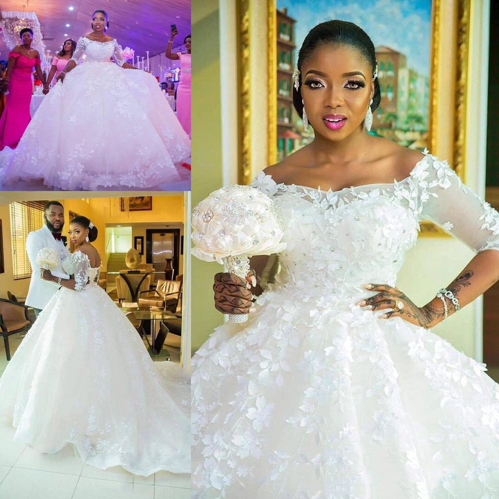 

African Luxury 3D Floral Applique Plus Size Wedding Dresses Off Shoulder 1/2 Sleeves Court Train Ball Gown Wedding Dress Bridal Gowns, Red