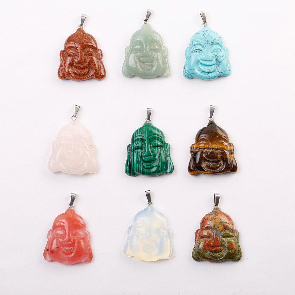 

Natural Stone Carved Mixed Color Smile Maitreya Buddha head pendants DIY Jewelry Making for women Holiday gifts wholesale free shipping, Silver