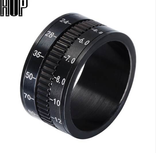 

HIP Men Ring Rotate Camera Black Unique 12mm Width Stainless Steel Middle Spinner Rings for Men Jewelry
