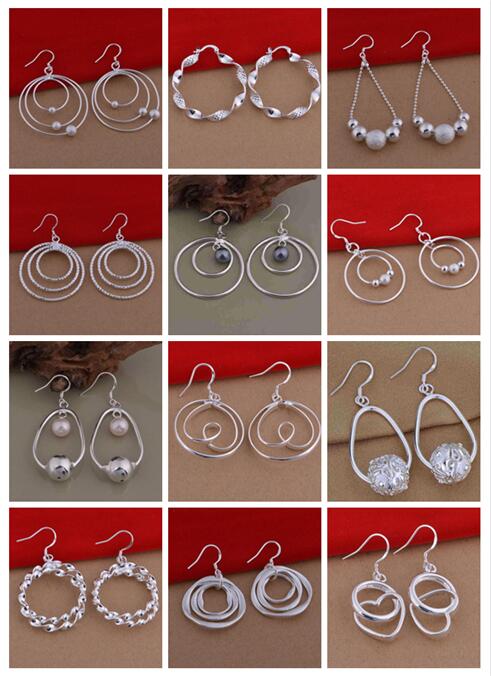 

mix 12 style 12pairs/lot high-quality plating 925 sterling silver Double circle bead Ear hoop earrings fashion gifts hyperbole big Ear ring