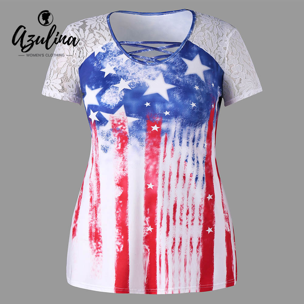 

AZULINA Plus Size American Flag Print Lace Insert T-Shirt Women Tops Casual O Neck Short Sleeve T-Shirts Ladies T Shirt Big Size, White