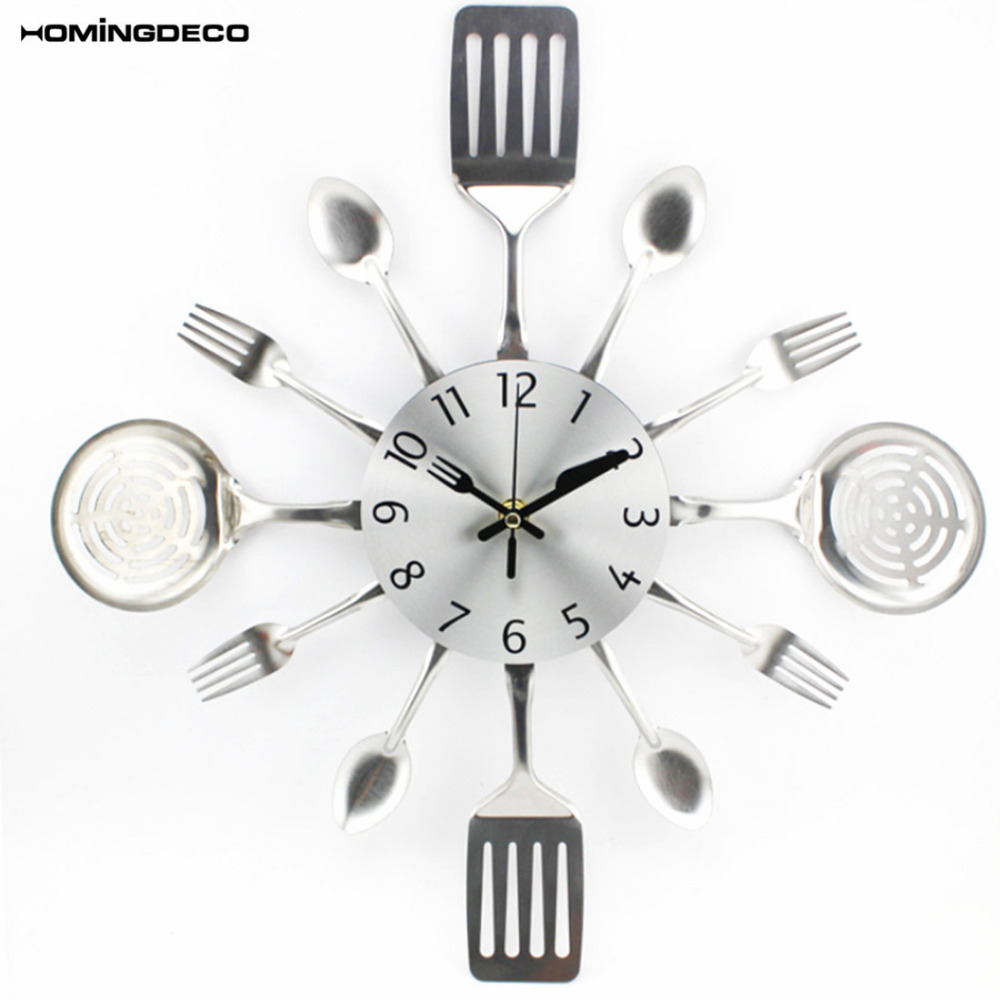 

Homingdeco Kitchen Wall Clock 3D Unique Creative Mute Kitchen Utensils Toned Forks Spoons Spatulas Wall Clock Gift - Silver