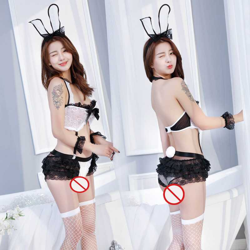 

Free Shipping New sexy lingerie cosplay Feminine lace perspective halter harness maid uniform temptation suit quality maid costume, White h310