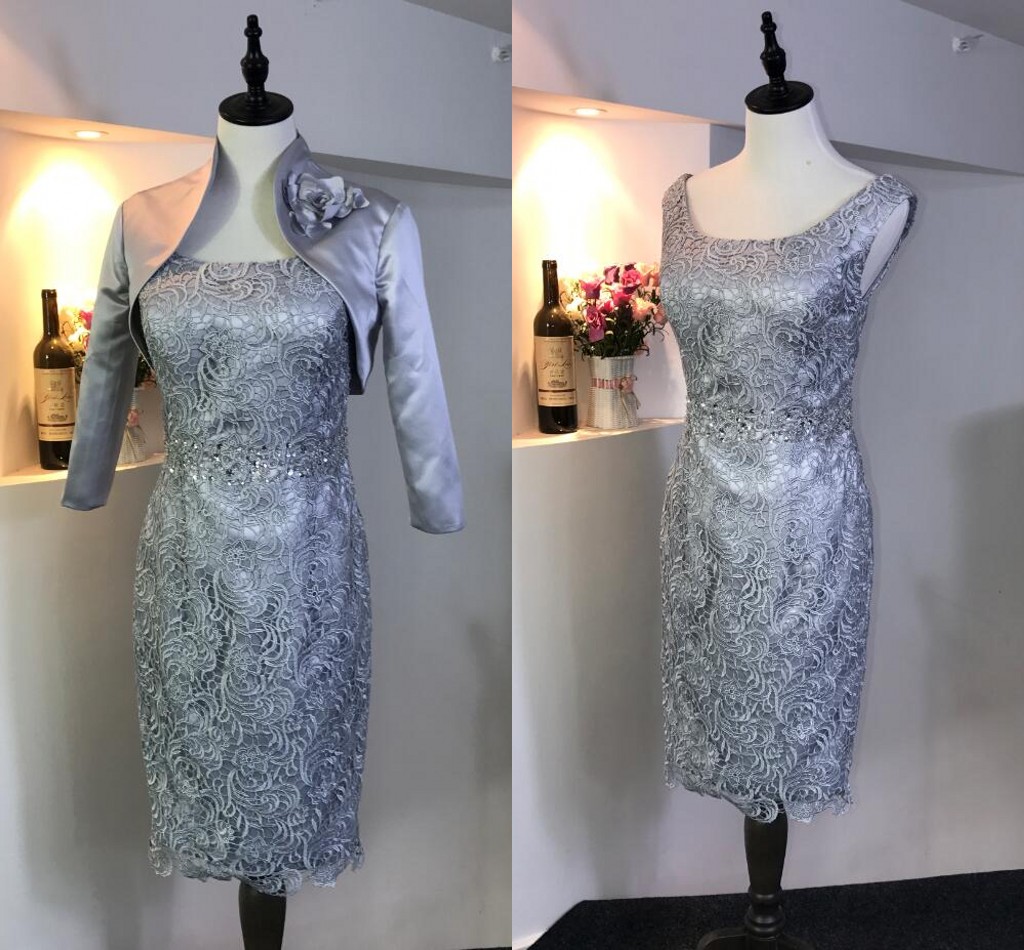 

Elegant Sliver 2018 Mother of the Bride Groom Dresses Two Pieces Jewel Neck Lace Bodice Knee length Cheap Prom Evening Dress